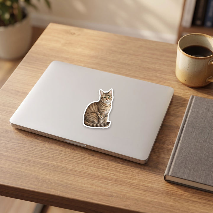 American Shorthair brown tabby cat and kitten watercolor vinyl sticker on a laptop lid – Designs by Mysh