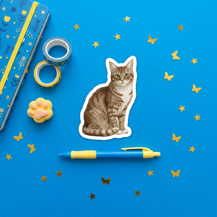 American Shorthair Brown Tabby Sticker brand flat lay - Designs by Mysh