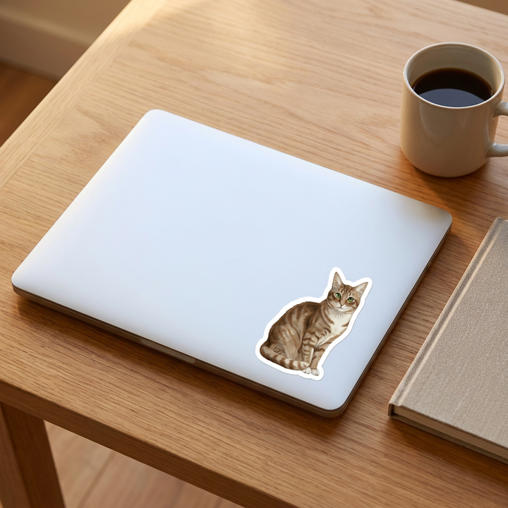 American Shorthair Brown Tabby Sticker on a laptop - Designs by Mysh