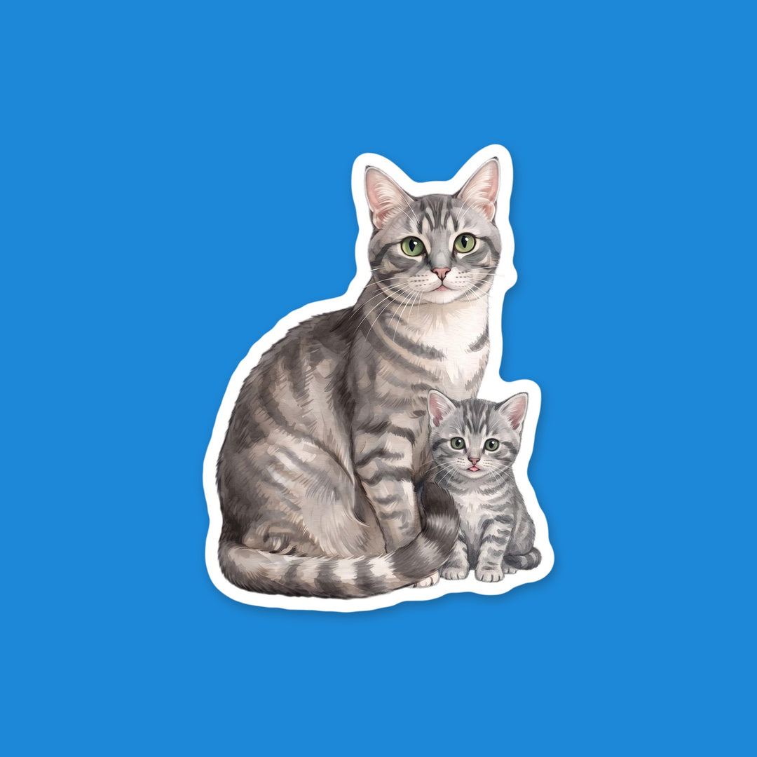 Gray tabby American Shorthair mama cat with her kitten sitting beside her watercolor vinyl sticker – Designs by Mysh