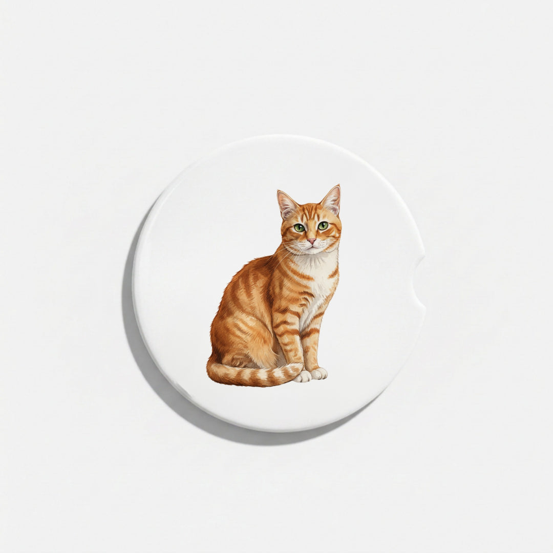 Single round ceramic car coaster featuring a watercolor-style illustration of an American Shorthair cat with an orange tabby coat, sold individually.