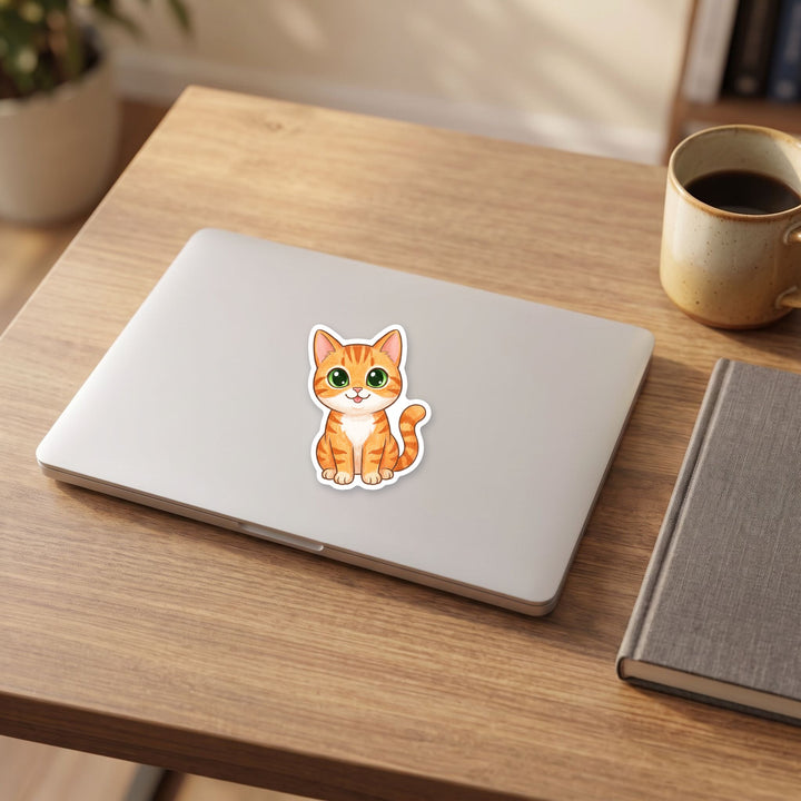 American Shorthair Orange Tabby Cat kawaii sticker on a laptop – Designs by Mysh