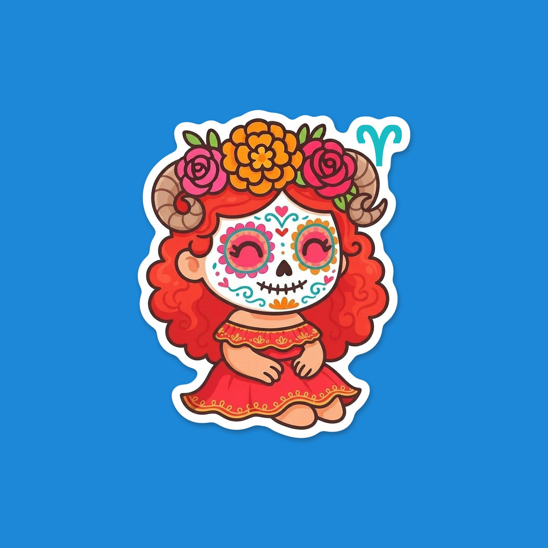 Kawaii Aries zodiac sugar skull girl with a flower crown and the Aries symbol Día de los Muertos vinyl sticker – Designs by Mysh
