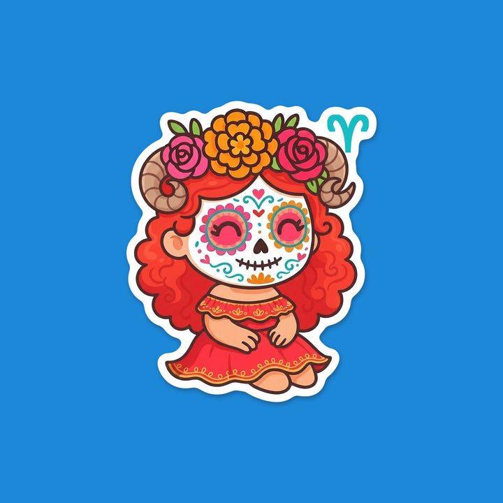 Kawaii Aries zodiac sugar skull girl with a flower crown and the Aries symbol Día de los Muertos vinyl sticker – Designs by Mysh