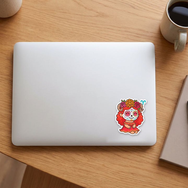 Aries sugar skull girl vinyl sticker on a laptop lid – Designs by Mysh