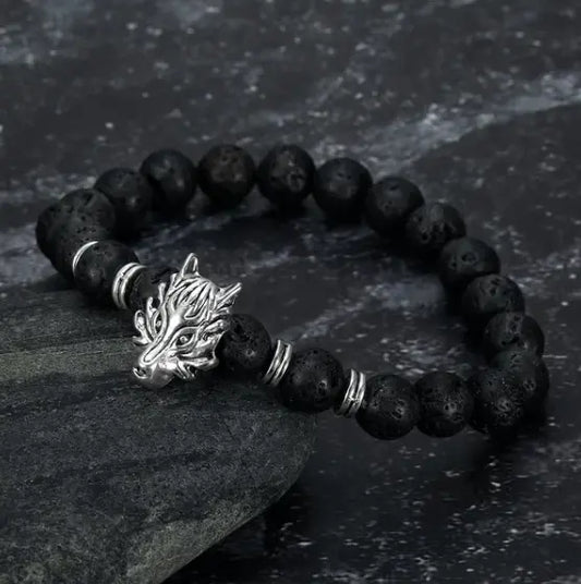 Asgard Crafted Grey Wolf Head And Lava Stone Bracelet - Designs by Mysh