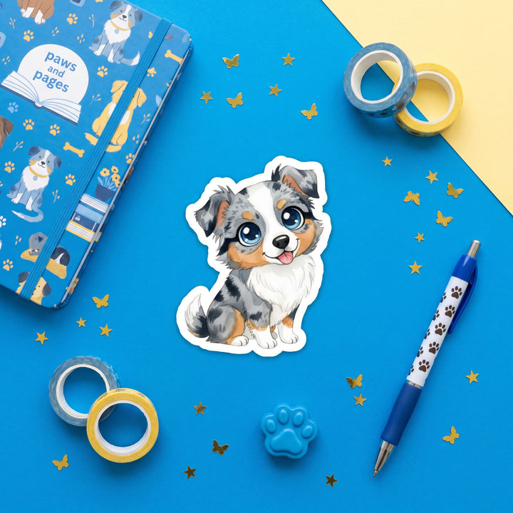 Australian Shepherd Blue Merle Kawaii 3 inch sticker flat lay with blue and yellow stationery – Designs by Mysh