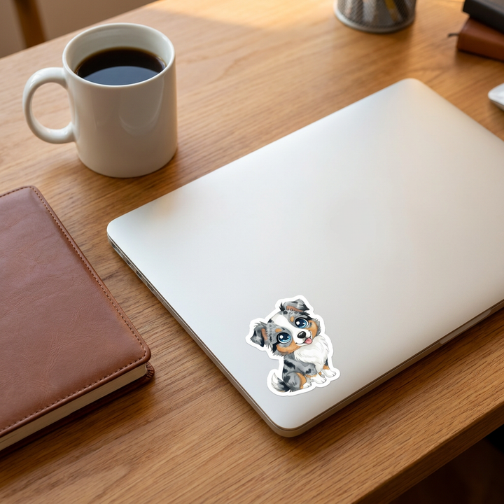 Australian Shepherd Blue Merle Kawaii vinyl sticker on a laptop lid – Designs by Mysh