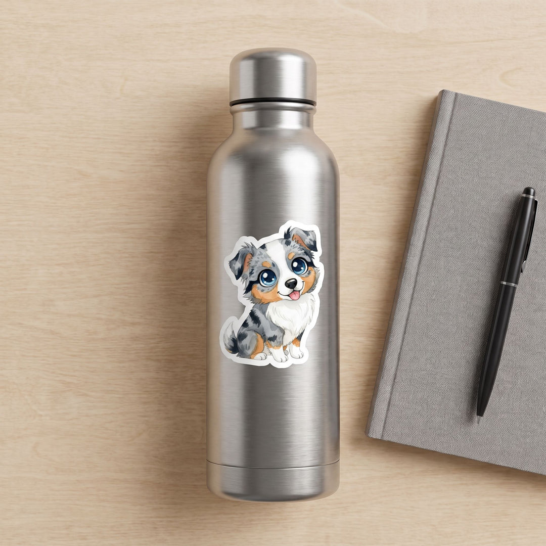 Australian Shepherd Blue Merle Kawaii vinyl sticker on a stainless water bottle – Designs by Mysh