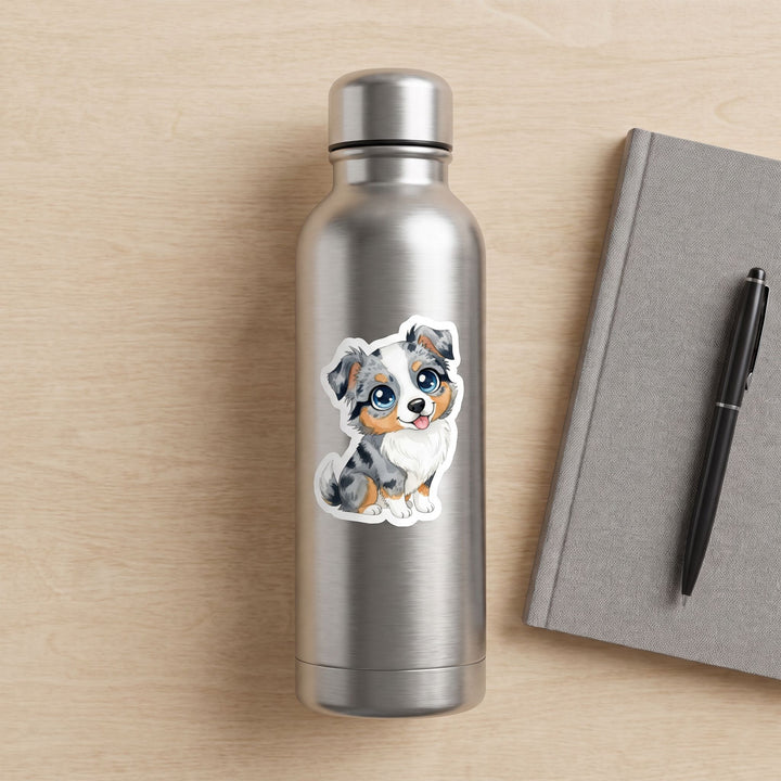 Australian Shepherd Blue Merle Kawaii vinyl sticker on a stainless water bottle – Designs by Mysh