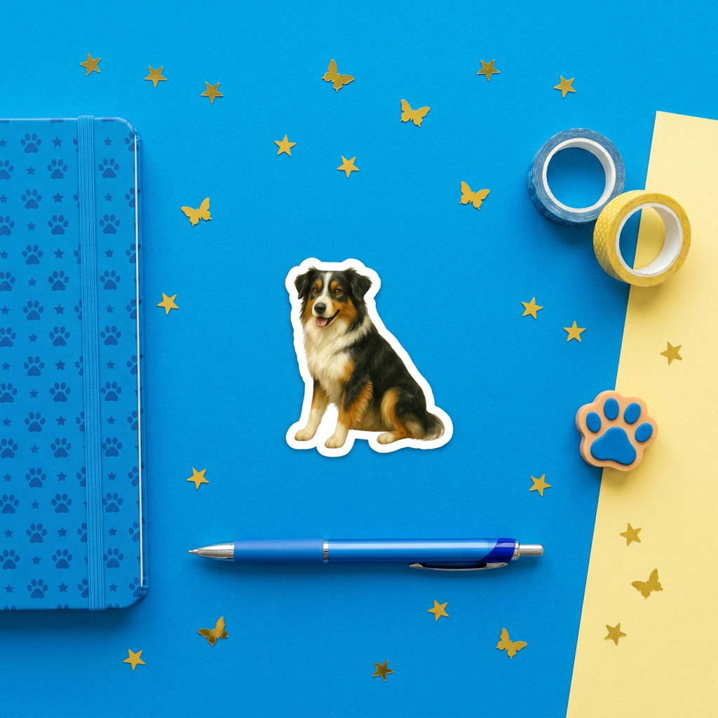 Tricolor Australian Shepherd watercolor vinyl sticker 3 inch flat lay with blue and yellow stationery – Designs by Mysh