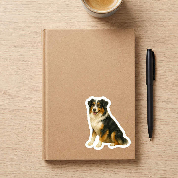 Tricolor Australian Shepherd watercolor vinyl sticker on a kraft journal cover – Designs by Mysh