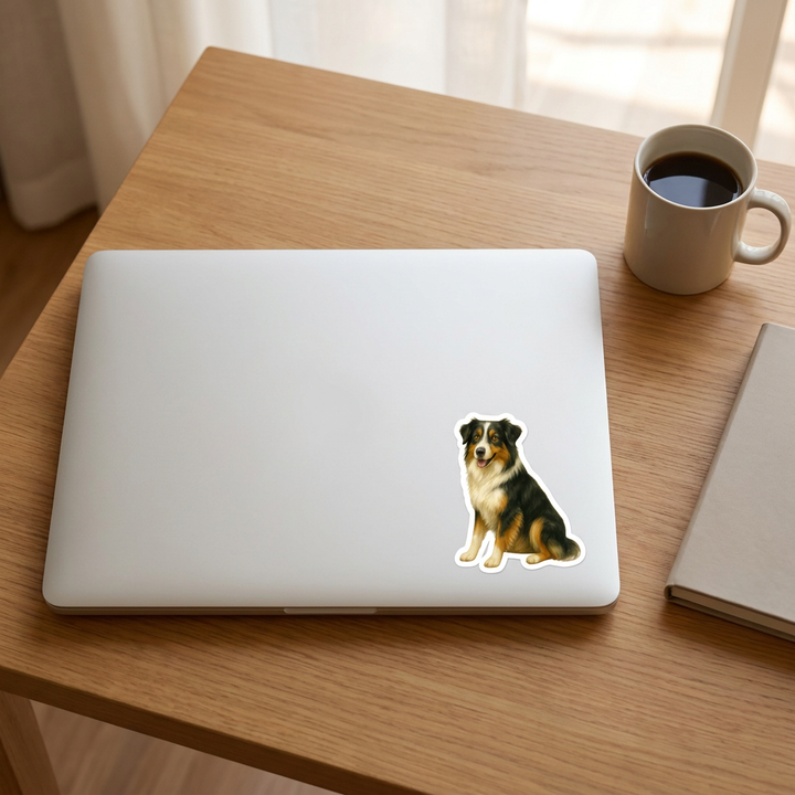 Tricolor Australian Shepherd watercolor vinyl sticker on a laptop lid – Designs by Mysh