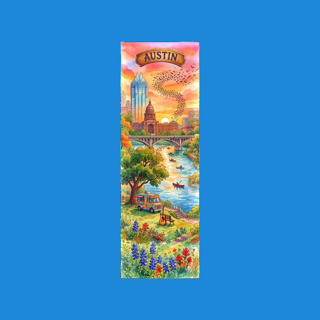 Austin Texas watercolor 2x6 bookmark with the Capitol and skyline at sunset, with bats over the bridge and kayaks on the lake - Designs by Mysh