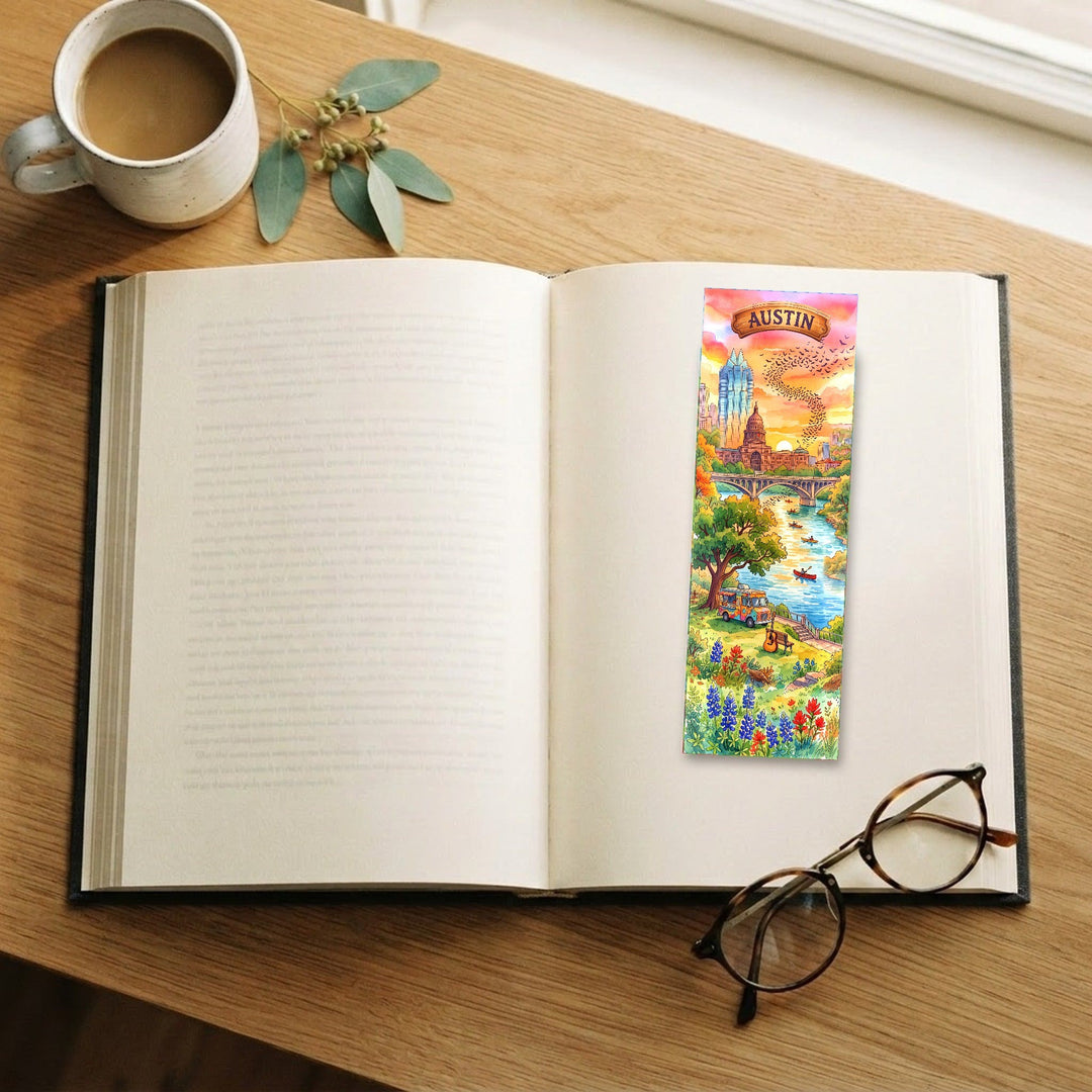 Austin Texas watercolor traditional bookmark on an open book with coffee and glasses - Designs by Mysh