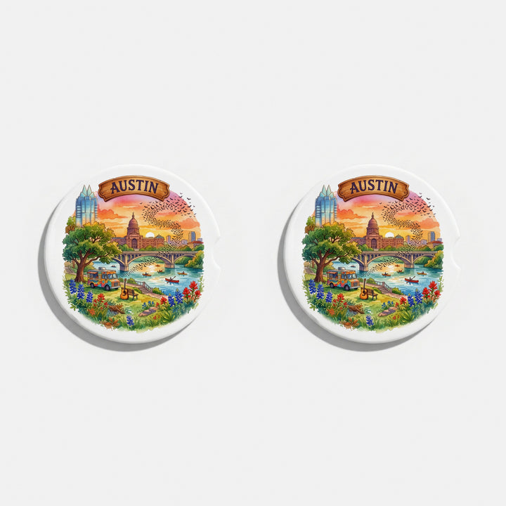 Set of two round ceramic car coasters with a watercolor Austin, Texas design with bluebonnets – Designs by Mysh