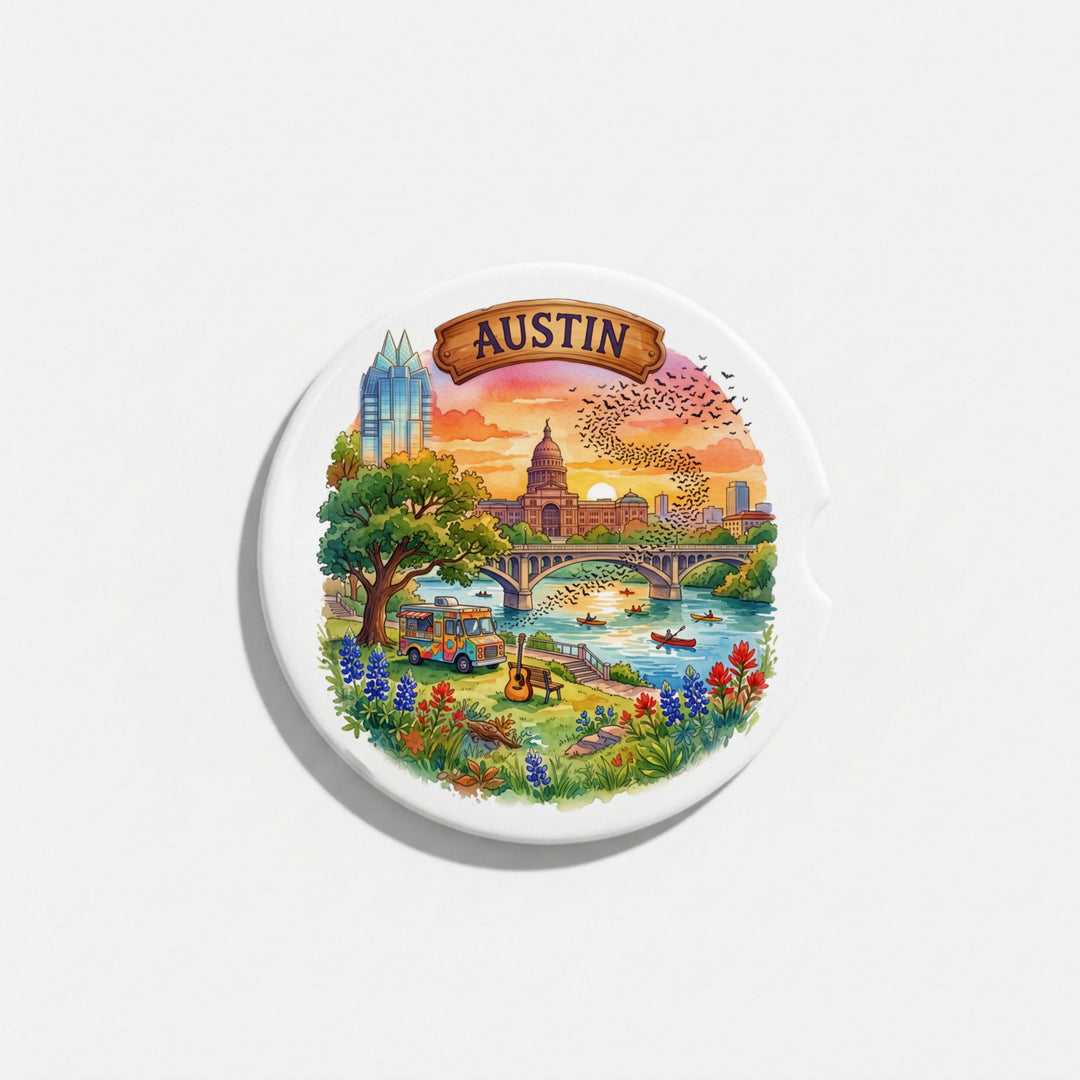 Single round ceramic car coaster with a watercolor Austin, Texas design, sold individually – Designs by Mysh