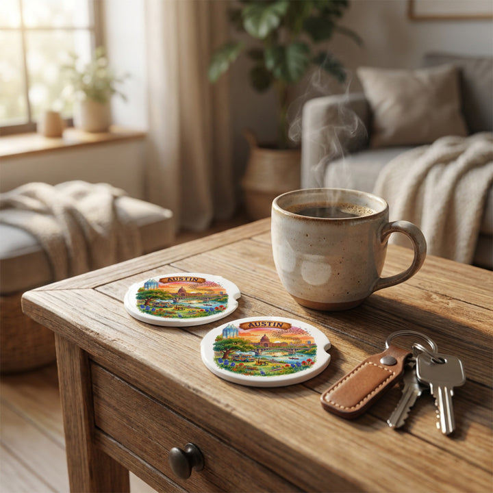 Austin, Texas car coasters styled on a wooden side table beside a coffee mug and keys – Designs by Mysh
