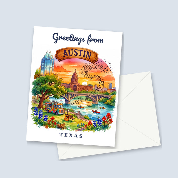 Greetings from Austin Texas watercolor greeting card with the Capitol, bats and bluebonnets, shown with a white envelope