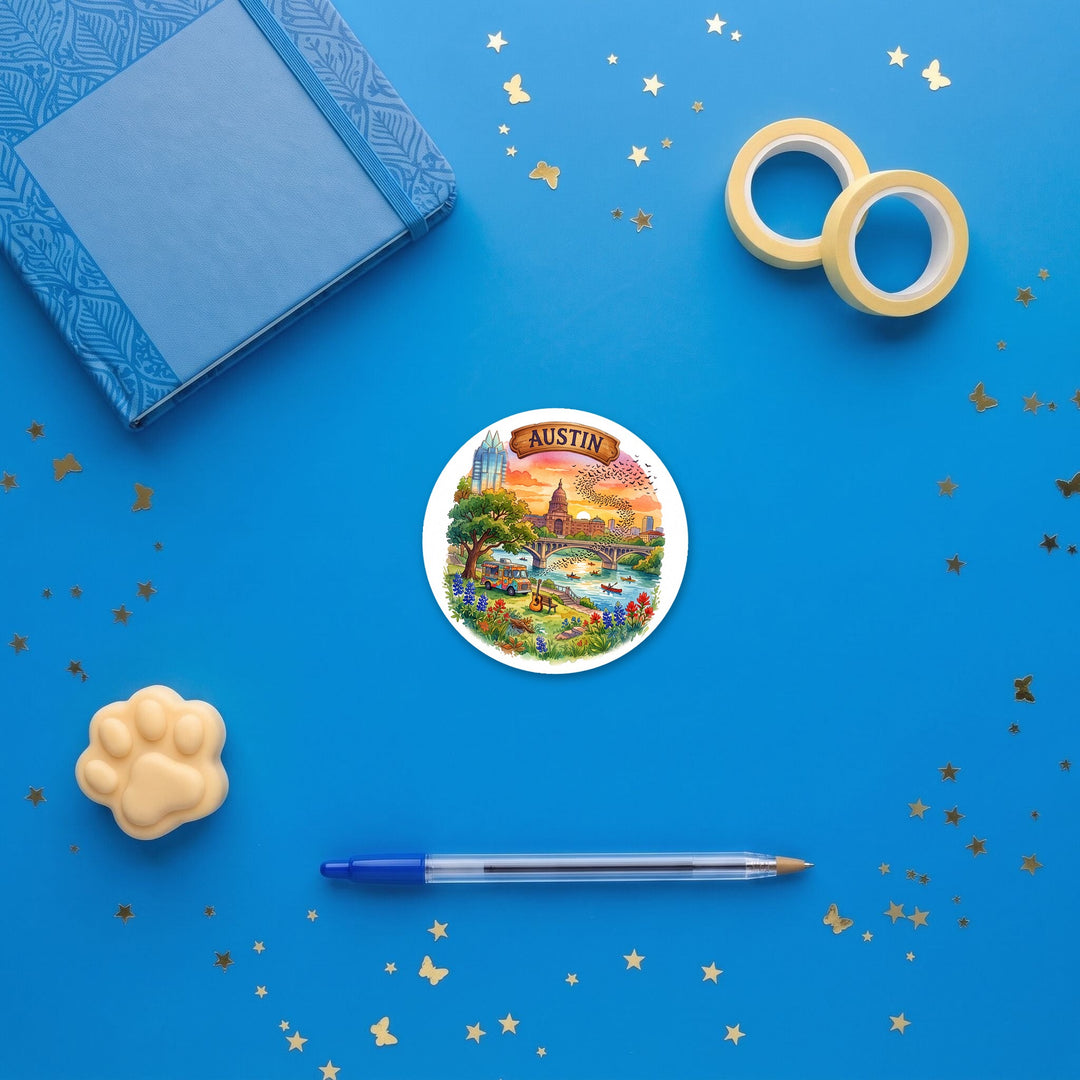 Austin, Texas fridge magnet flat lay with blue and yellow stationery – Designs by Mysh
