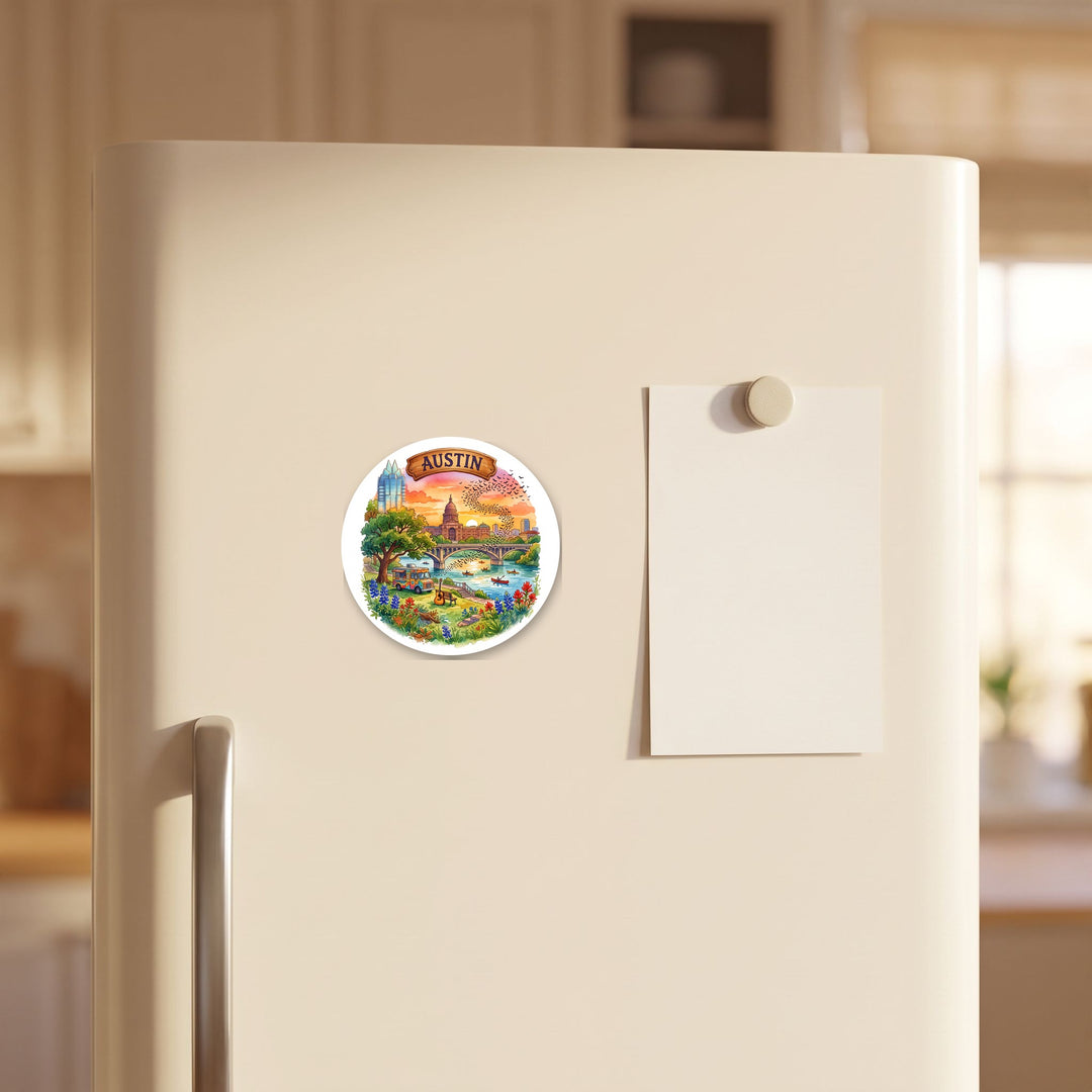 Austin, Texas watercolor magnet on a refrigerator door – Designs by Mysh