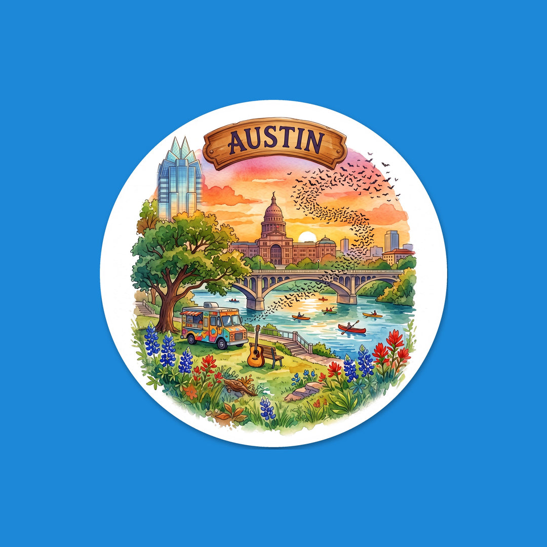 Austin, Texas watercolor round flexible fridge magnet with bluebonnets – Designs by Mysh