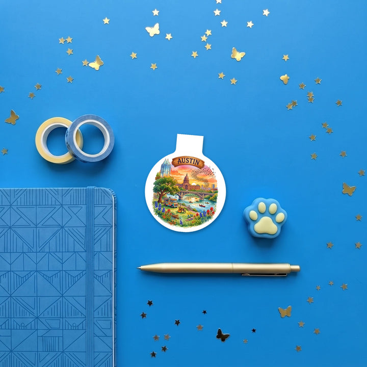 Austin, Texas magnetic bookmark flat lay with blue stationery – Designs by Mysh