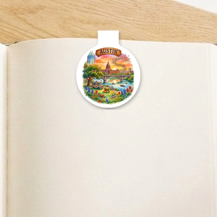 Austin, Texas watercolor magnetic bookmark clipped on an open book – Designs by Mysh
