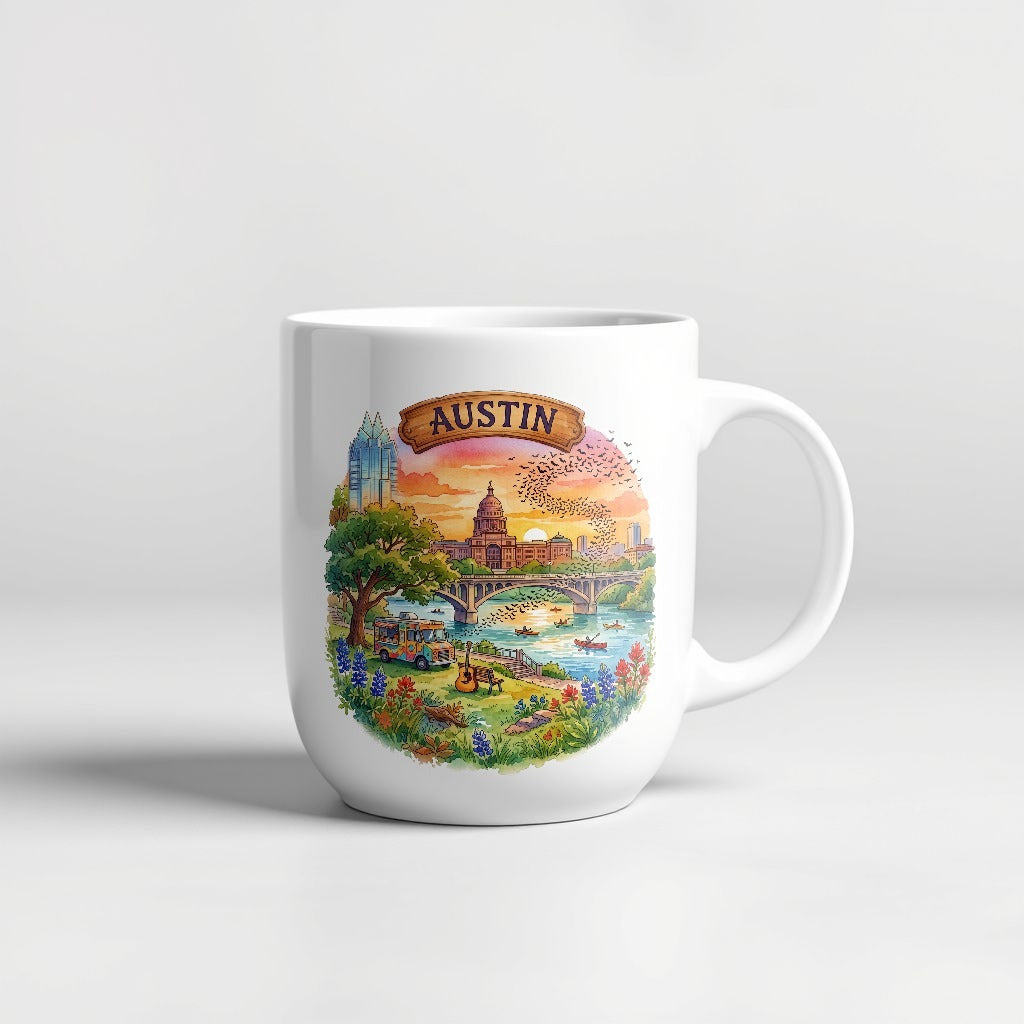 Austin Texas watercolor 15oz ceramic mug - Designs by Mysh