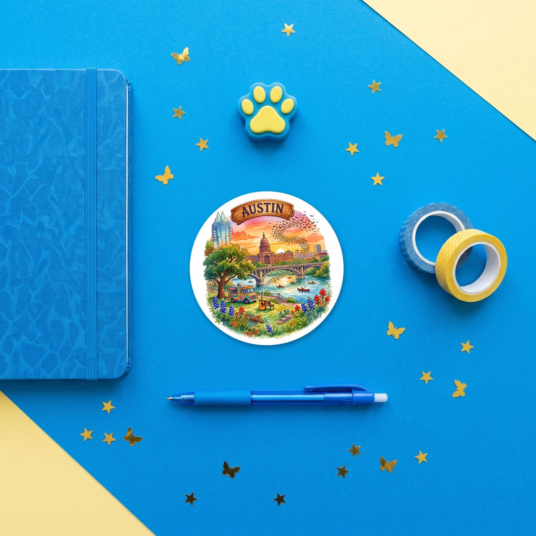 Austin, Texas 3 inch sticker flat lay with blue and yellow stationery – Designs by Mysh