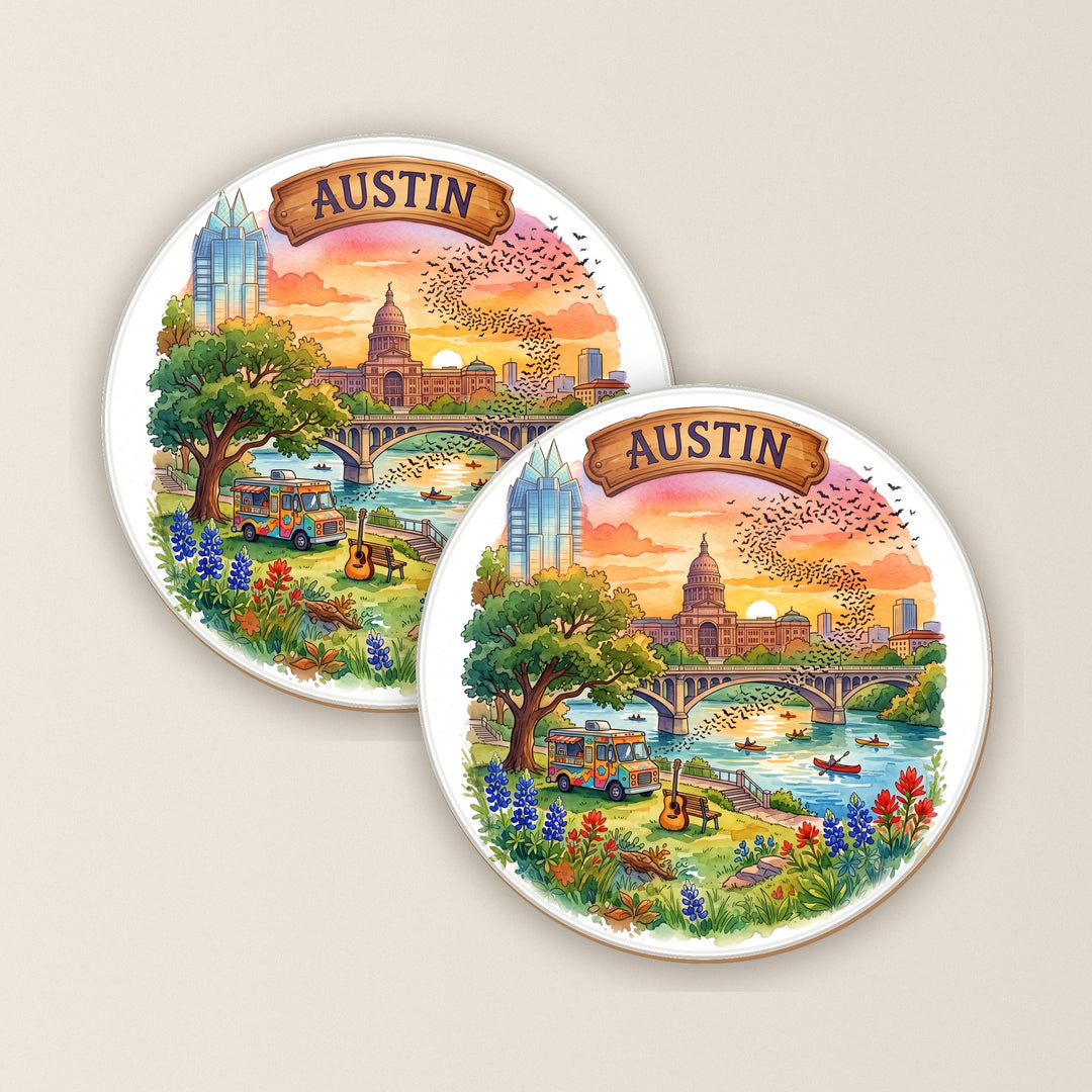 Set of two Austin, Texas watercolor round coasters – Designs by Mysh