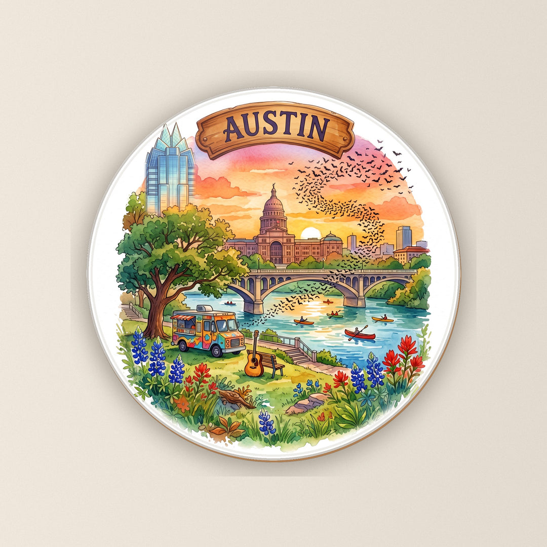 Austin, Texas watercolor round ceramic coaster – Designs by Mysh