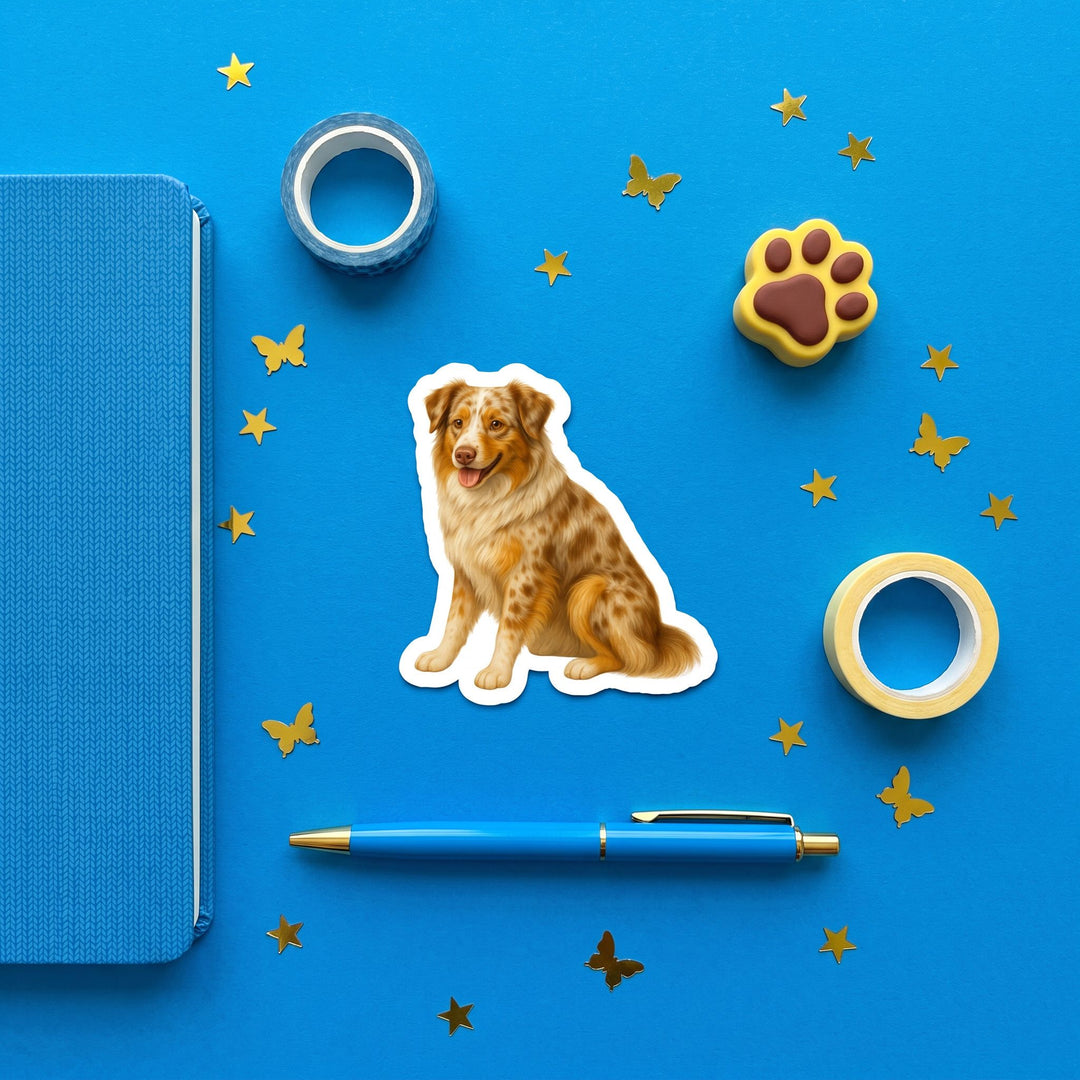 Australian Shepherd Red Merle Sticker brand flat lay - Designs by Mysh