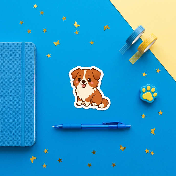 Australian Shepherd Red White Kawaii Magnet in a blue flat lay