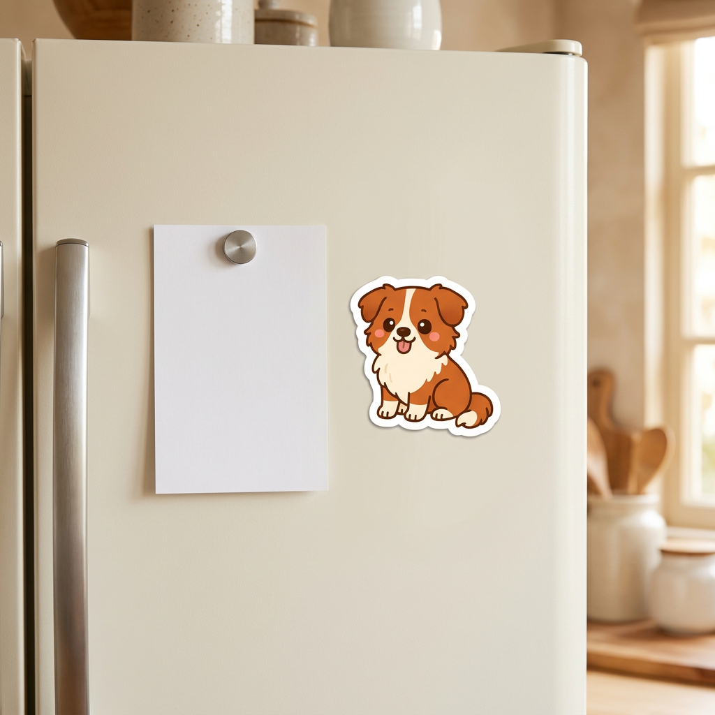 Australian Shepherd Red White Kawaii Magnet on a fridge