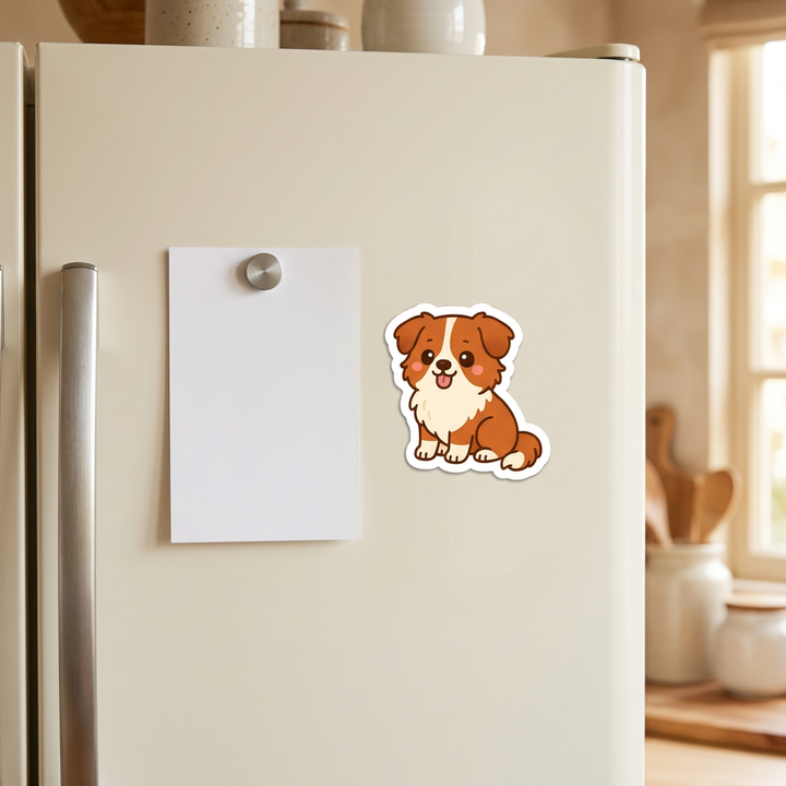 Australian Shepherd Red White Kawaii Magnet on a fridge
