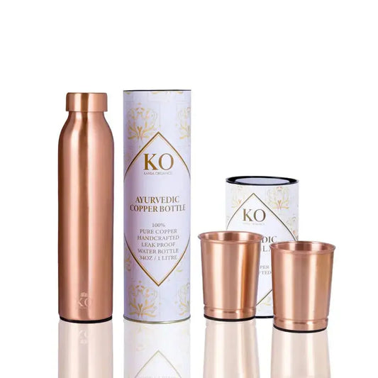 Ayurvedic Drinking Set - Copper Bottle & Cups (Seamless) - Designs by Mysh