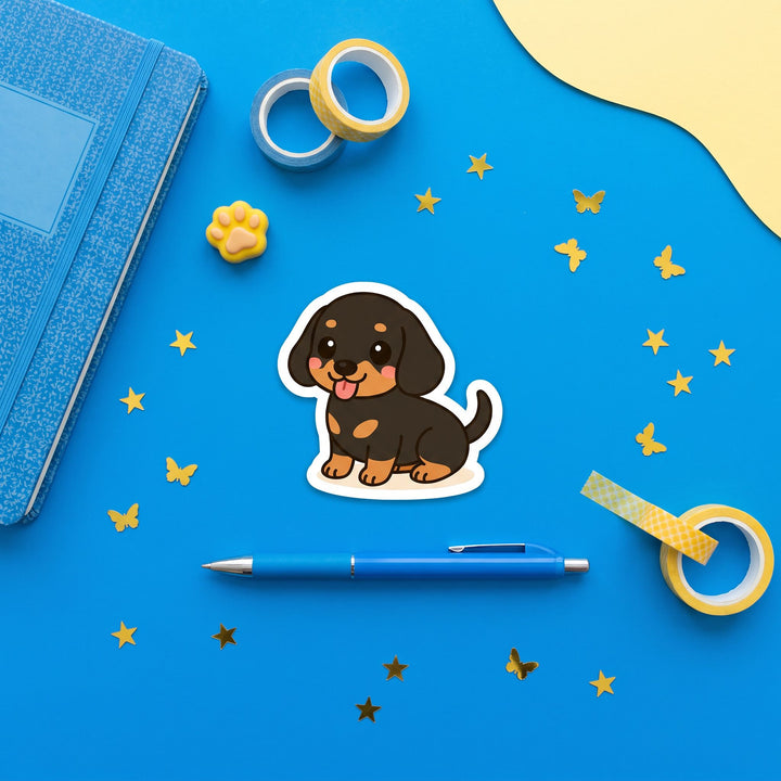 Basset Hound Black Tan Kawaii Sticker brand flat lay - Designs by Mysh