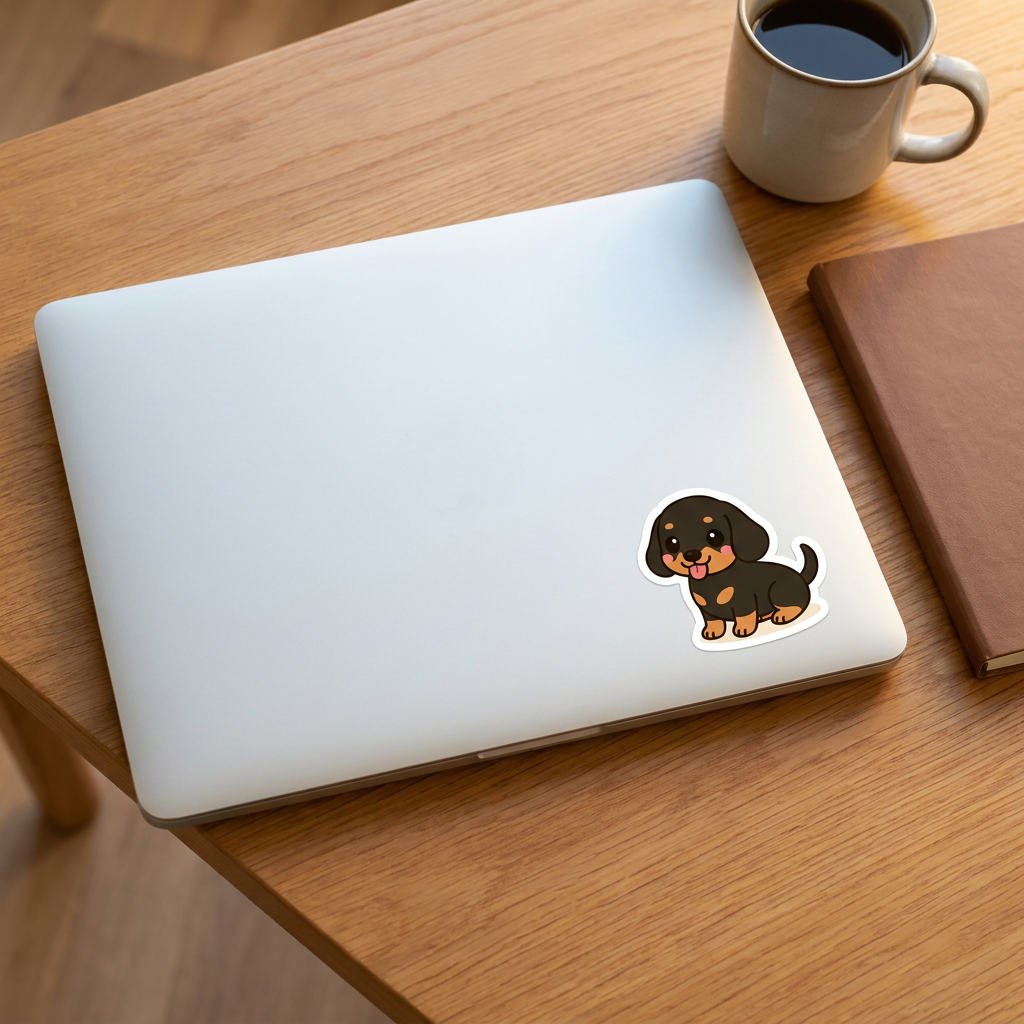 Basset Hound Black Tan Kawaii Sticker on a laptop - Designs by Mysh