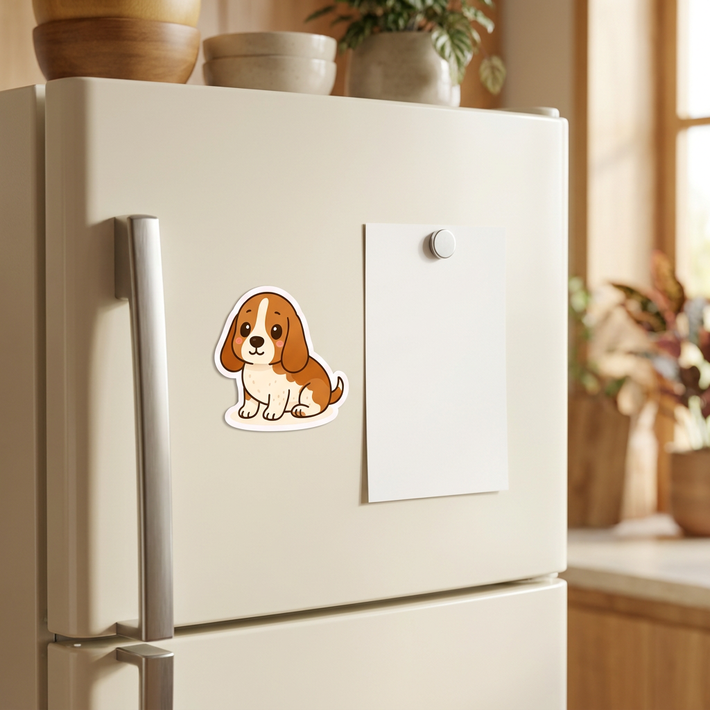 Basset Hound Red White Kawaii Magnet on a fridge - Designs by Mysh