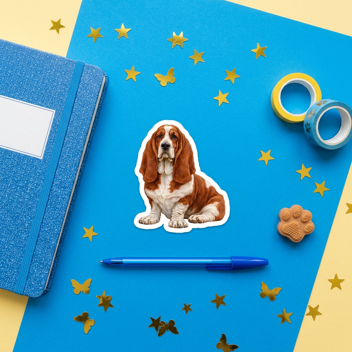 Basset Hound Red White Watercolor Sticker brand flat lay - Designs by Mysh