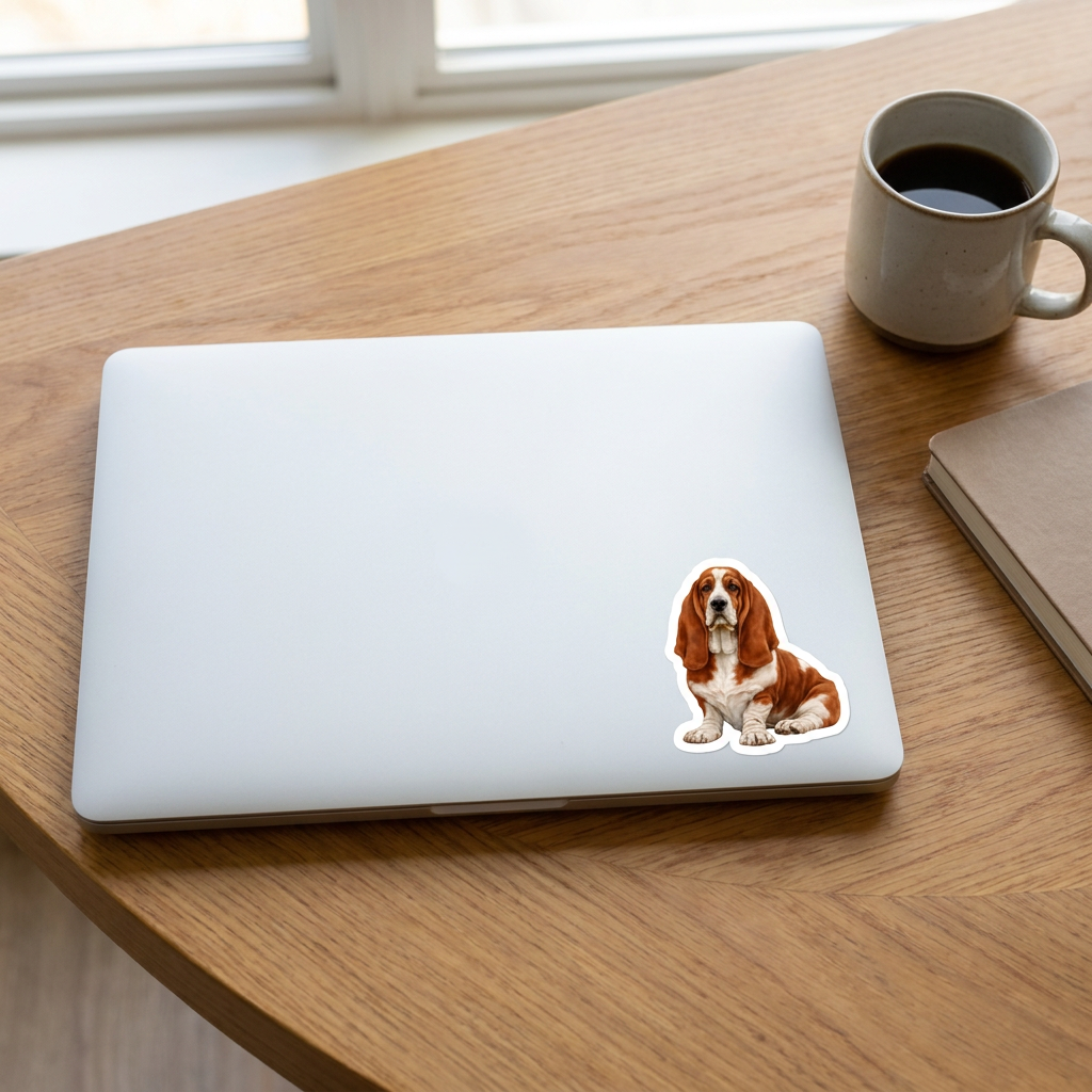 Basset Hound Red White Watercolor Sticker on a laptop - Designs by Mysh