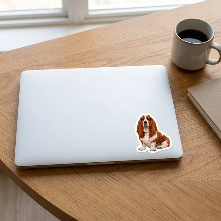 Basset Hound Red White Watercolor Sticker on a laptop - Designs by Mysh