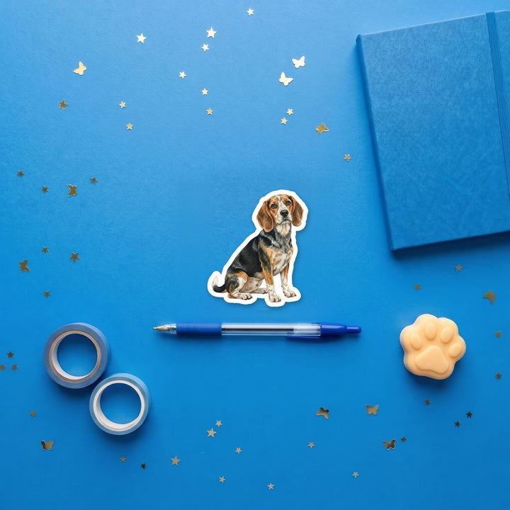Beagle Black Tan Bluetick watercolor 3 inch fridge magnet flat lay with blue stationery