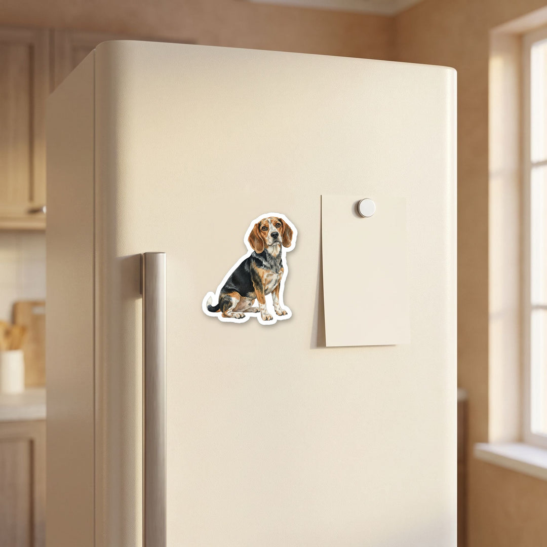 Beagle Black Tan Bluetick watercolor magnet on a refrigerator door