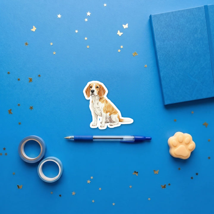 Beagle Lemon and White watercolor 3 inch fridge magnet flat lay with blue stationery
