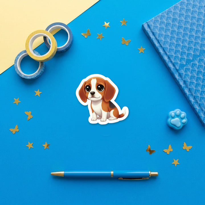 Beagle Red and White kawaii 3 inch fridge magnet flat lay with blue stationery