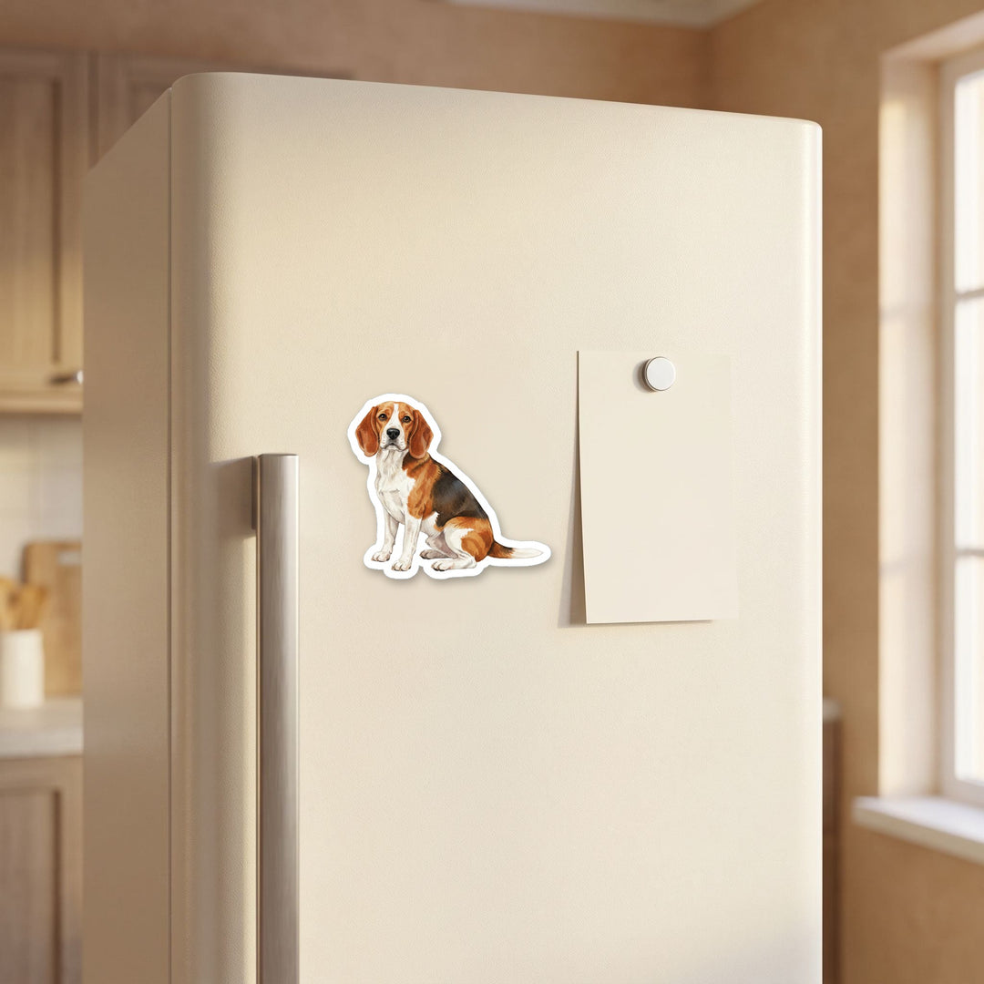 Beagle Red and White watercolor magnet on a refrigerator door