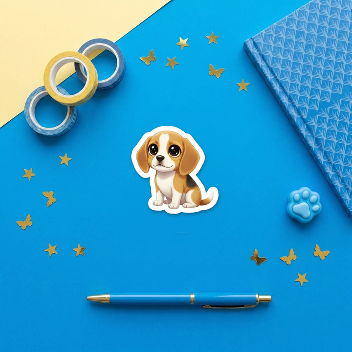 Beagle Tan and White kawaii 3 inch fridge magnet flat lay with blue stationery