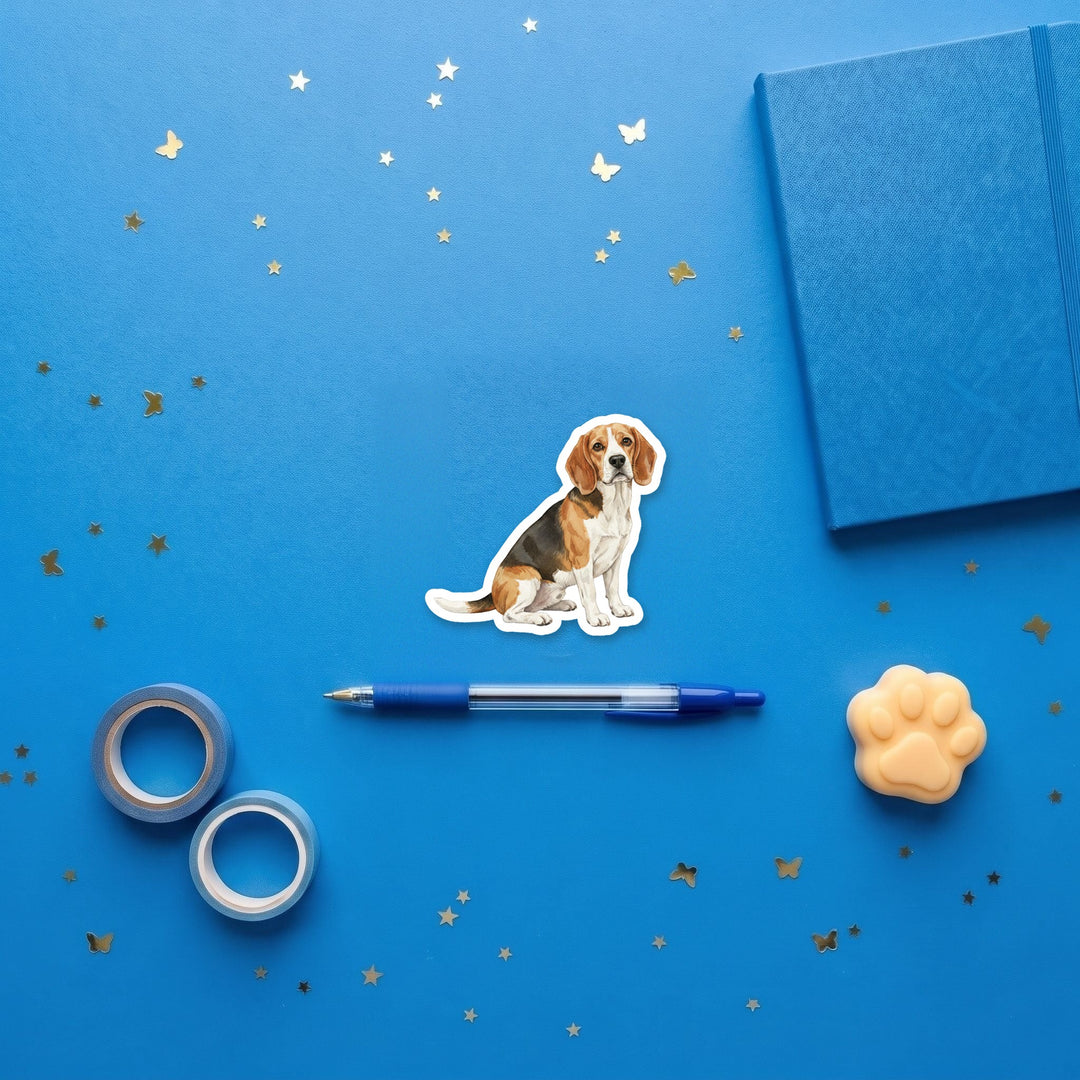 Beagle Tan and White watercolor 3 inch fridge magnet flat lay with blue stationery